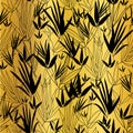 Vector Golden Black Bamboo Leaves Lineart Seamless Pattern Background. Great for tropical vacation fabric, cards