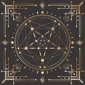 Vector golden celestial background with ornate geometric frame, magical circle with outline pentagram, moon phases and crescents Royalty Free Stock Photo