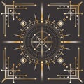 Vector golden celestial background with an ornate geometric frame with moon phases, arrows and crescents. Mystic linear cover Royalty Free Stock Photo