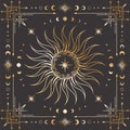 Vector golden celestial background with an ornate geometric frame with moon phases, arrows and crescents. Mystic linear cover Royalty Free Stock Photo