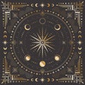 Vector golden celestial background with ornate geometric outline frame with arrows and crescents. Mystic linear square cover Royalty Free Stock Photo