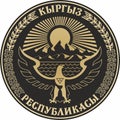 Vector golden coat of arms of the Republic of Kyrgyzstan on a black background.