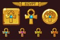 Vector Golden Cross Ankh with colored precious gems. Egyptian Icons