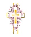 Vector Golden Cross, Easter Cross Clipart. Watercolor Easter Cross Clipart. Floral Crosses Illustration, Lily Flower Arrangements Royalty Free Stock Photo