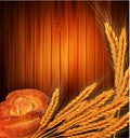 Vector golden ears of wheat and bread roll Royalty Free Stock Photo