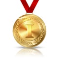 Vector Golden first place medal with red ribbon