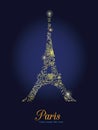 Vector Golden Floral Lace Glowing Eiffel Tower Surrounded By Flowers in Paris Silhouette At Night. French Landmark On Royalty Free Stock Photo