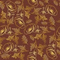 Vector Golden Flower on Brown Back seamless background Wallpaper Poster Line Drawing