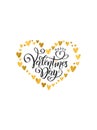 Vector golden foil handwritten lettering Happy Valentines Day. Calligraphy drawn text Valentines Day, hearts gold frame