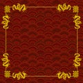 Vector Golden Frame with Dragons, Dark Red Oriental Pattern Background, Gold Color, Colorful Illustration.