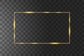 Vector golden frame with lights effects. Shining rectangle banner. Isolated on black transparent background. Vector