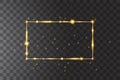 Vector golden frame with lights effects. Shining rectangle banner. Isolated on black transparent background. Vector Royalty Free Stock Photo