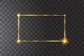 Vector golden frame with lights effects. Shining rectangle banner. Isolated on black transparent background. Vector Royalty Free Stock Photo