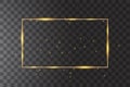 Vector golden frame with lights effects. Shining rectangle banner. Isolated on black transparent background. Vector Royalty Free Stock Photo