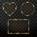 Vector golden frame set with glow effect. Neon rectangle, circle and heart frame Royalty Free Stock Photo