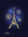 Vector Golden Glowing Eiffel Tower Surrounded By Fireworks in Paris Silhouette At Night. Paris. French Landmark On Dark Royalty Free Stock Photo