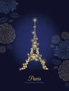 Vector Golden Glowing Eiffel Tower Surrounded By Flowers in Paris Silhouette At Night. Royalty Free Stock Photo