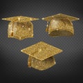 Vector golden graduation hat, sparkling academic cap