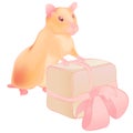 Vector golden hamster leans front paws on a gift. Color range contains pink and beige shades. The animal smiles