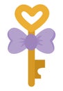 Vector golden key icon. Beautiful lock element tied with purple ribbon and bow isolated on white background. Wedding or marriage Royalty Free Stock Photo