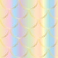 Vector golden mermaid tail texture. Fish scale seamless pattern on rainbow gradient background