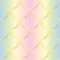 Vector golden mermaid tail texture. Fish scales seamless pattern on rainbow gradient background. Luxury background Royalty Free Stock Photo