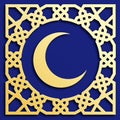 Vector golden muslim mosaic with crescent, persian motif. Mosque decoration element. Islamic geometric pattern.