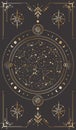 Vector golden celestial background with ornate outline geometric frame, magical circle with stars and zodiac constellations