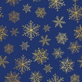 Vector golden and nay blue snowflakes seamless repeat pattern background. Great for winter holiday fabric, giftwrap Royalty Free Stock Photo