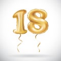 Vector Golden number 18 eighteen metallic balloon. Party decoration golden balloons. Anniversary sign for happy holiday, celebrati