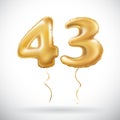 Vector Golden 43 number forty three metallic balloon. Party decoration golden balloons. Anniversary sign for happy holiday, celebr