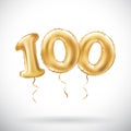 Vector Golden number 100 hundred metallic balloon. Party decoration golden balloons. Anniversary sign for happy holiday, celebrati