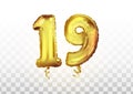 vector Golden foil number 19 nineteen metallic balloon. Party decoration golden balloons. Anniversary sign for happy