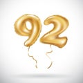 Vector Golden number 92 ninety two metallic balloon. Party decoration golden balloons. Anniversary sign for happy holiday, celebra