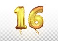 vector Golden number 16 sixteen metallic balloon. Party decoration golden balloons. Anniversary sign for happy holiday