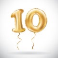 Vector Golden number 10 ten metallic balloon. Party decoration golden balloons. Anniversary sign for happy holiday, celebration, b