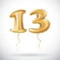 Vector Golden number 13 thirteen made of inflatable balloon on white background