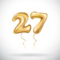 Vector Golden number 27 twenty seven metallic balloon. Party decoration golden balloons. Anniversary sign for happy holiday, celeb