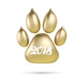 Vector Golden paw print of animal logotype or icon on white background. Dog paw footprint logo. 2018 Year of