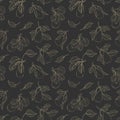 Vector golden pears and leaves pattern. Seamless fruit background. Juicy pears with leaves.