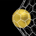 Vector golden Realistic soccer ball or football ball in net on black background. Royalty Free Stock Photo