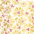 Vector golden red holly berry holiday seamless pattern background. Great for winter themed packaging, giftwrap, gifts Royalty Free Stock Photo