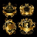 Vector golden royal stickers with crowns, shields, ribbons, lions, stars. Templates of gold labels for web design, promo