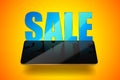 Vector golden smartphone blue sale illustration. Modern digital device for sale banner, flayer, leaflet design. Phone yellow