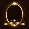 Vector golden sparking oval with a set of glowing stars and ribbon, luxury space frame on a dark background, illustration mockup