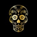 Vector golden sugar skull with floral pattern on black background. Luxury illustration of sugar skull for Mexican Day of the Dead Royalty Free Stock Photo