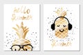 Vector golden summer greeting cards with pineapples in headphones and glasses. Poster design templates