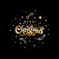 Vector gold text Merry Christmas isolated. Black cosmic round ball shape. Handwritten festive lettering gift postcard Royalty Free Stock Photo