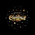 Vector gold text Merry Christmas isolated. Black cosmic round ball shape. Handwritten festive lettering gift postcard Royalty Free Stock Photo