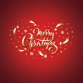 Vector Golden text Merry Christmas in Heart of falling stars, planets, comets and galaxies on cosmic red background Royalty Free Stock Photo